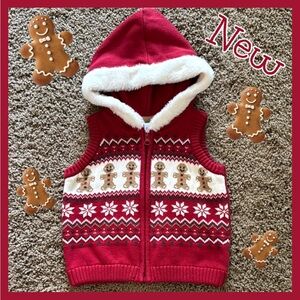 NWT ~ Red Hooded Knit Sweater Vest with Gingerbread Pattern ~ Sz 5T